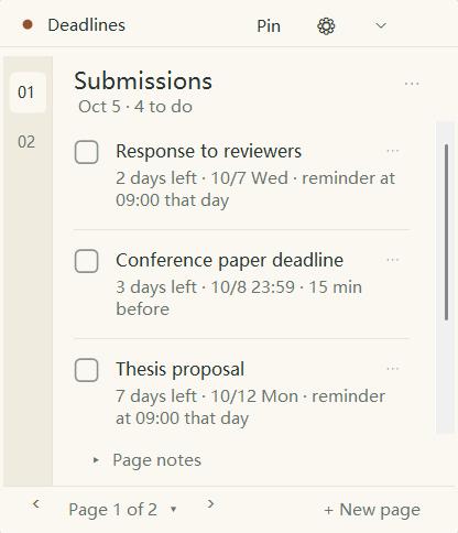 Deadlines notebook widget